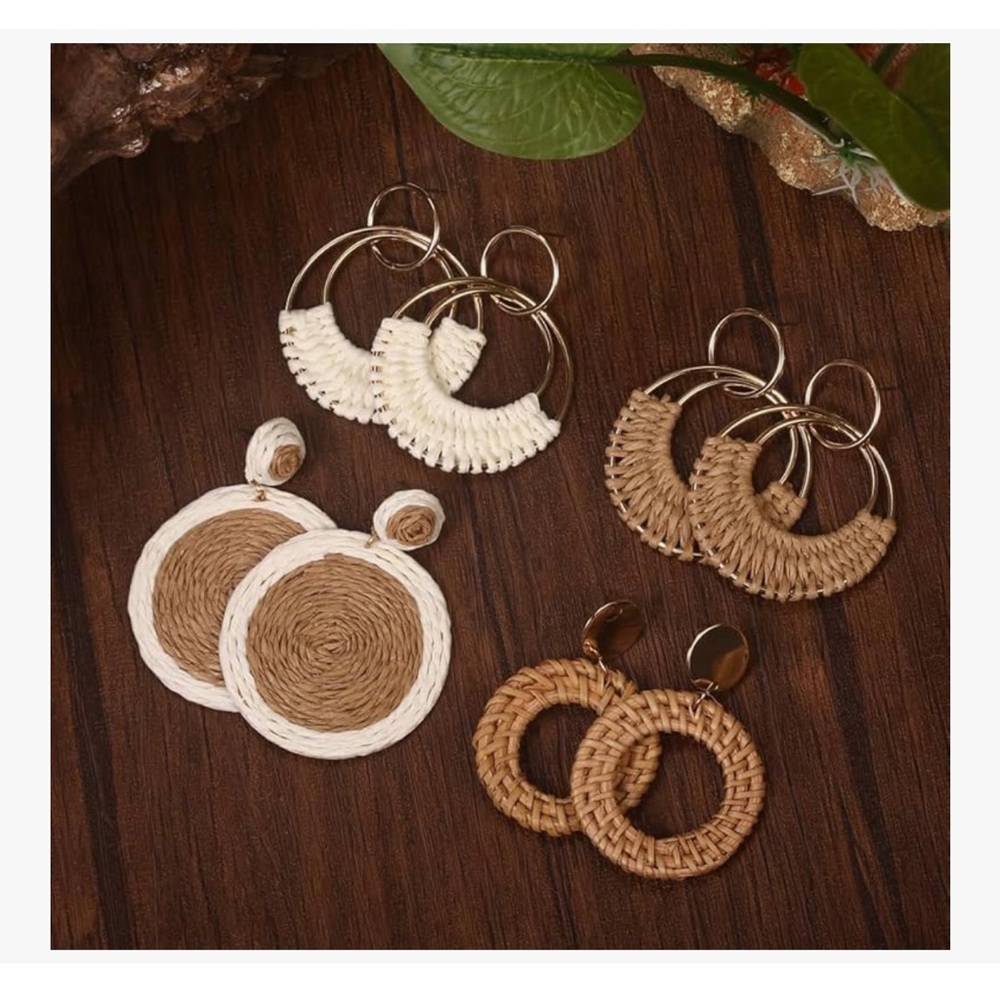 4 Pairs Handmade Raffia Rattan Bohemian Round Drop Dangle Earrings for Women - Picture 2 of 7
